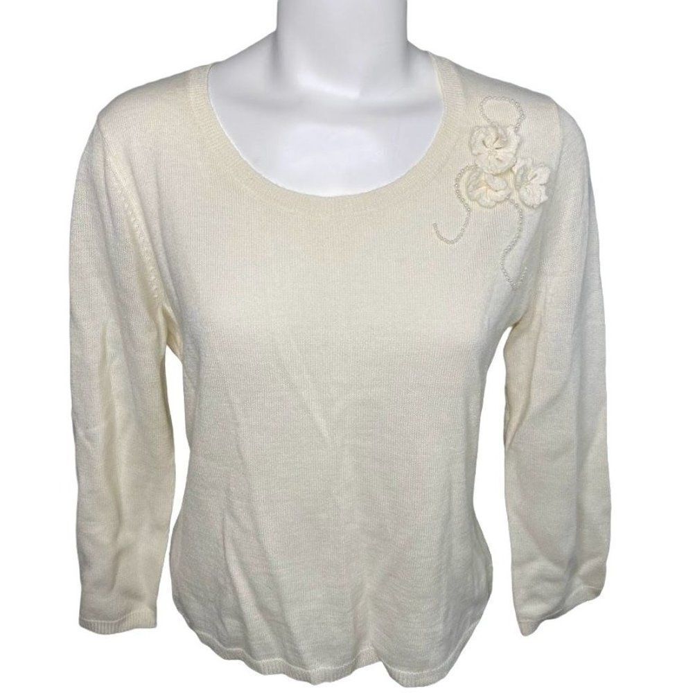 Kasper Ivory Scoop Neck Beaded 3/4 Sleeve Wool Blend Sweater‎ Sz Medium NEW